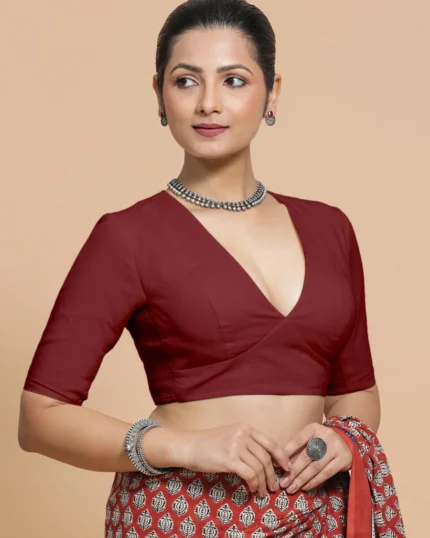 Malika x Rozaana | Deep Neck Saree Blouse in Cranberry Red Linen