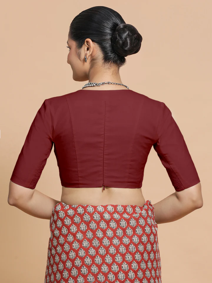 Malika x Rozaana | Deep Neck Saree Blouse in Cranberry Red Linen - Image 2