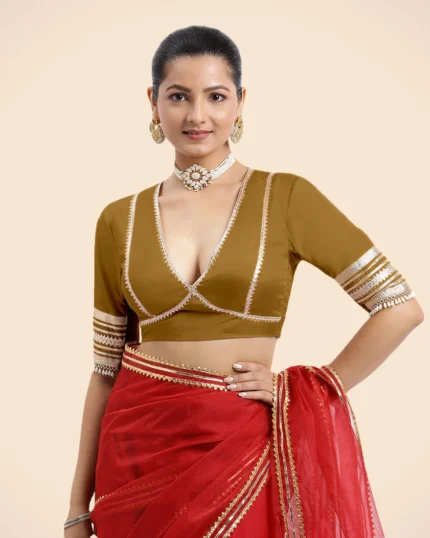 Nafeeza x Tyohaar | Bronze Gold Embellished Elbow Sleeves FlexiFi Saree Blouse with Plunging V Neckline with Tasteful Golden Gota Lace