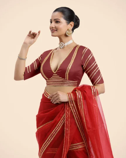 Navya x Tyohaar | Auburn Red Elbow Sleeves Saree Blouse