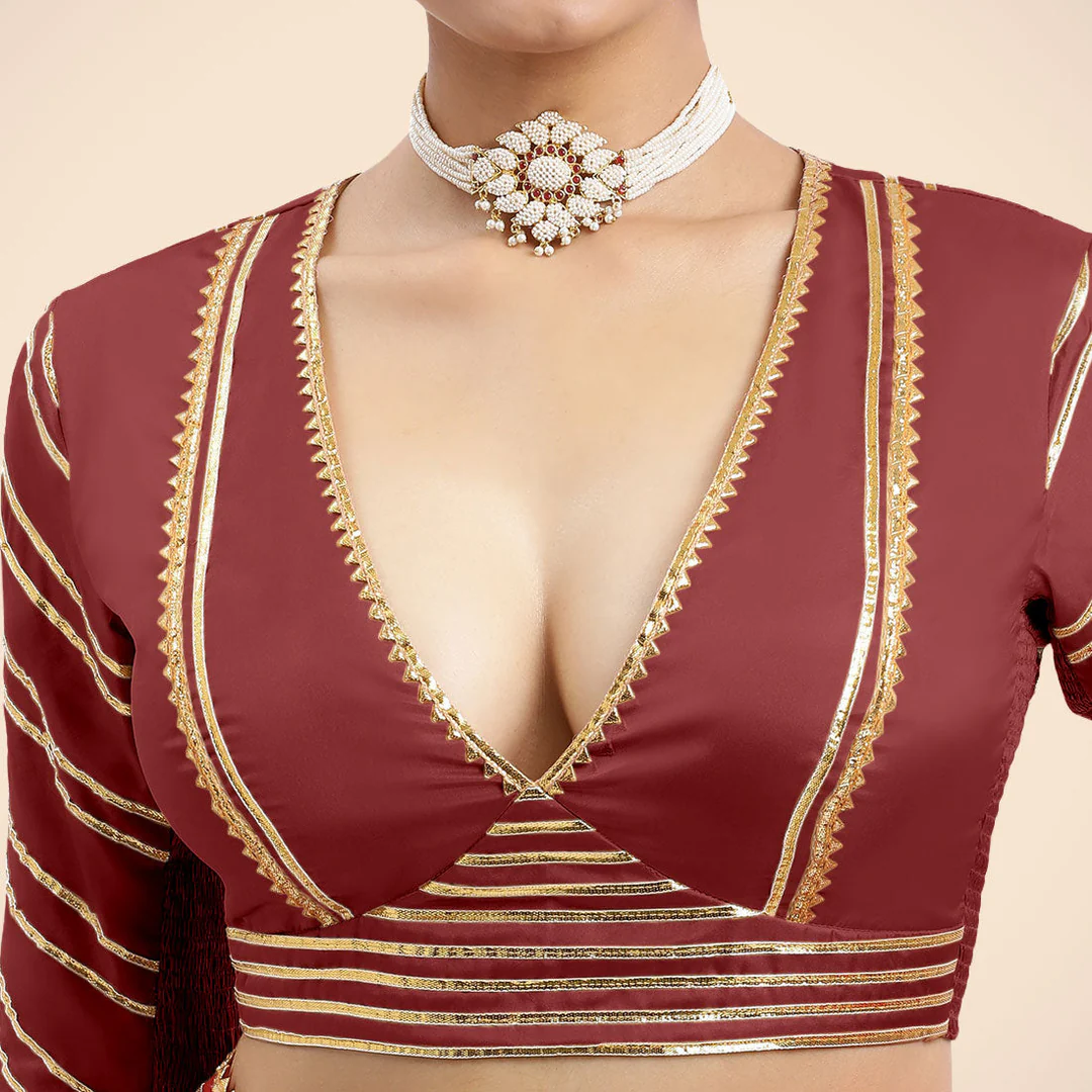 Navya x Tyohaar | Auburn Red Elbow Sleeves Saree Blouse - Image 7