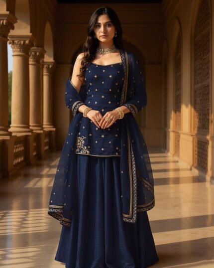 Blue Organza Sequins Moti Hand Embroidered Palazzo Suit Festive Wear
