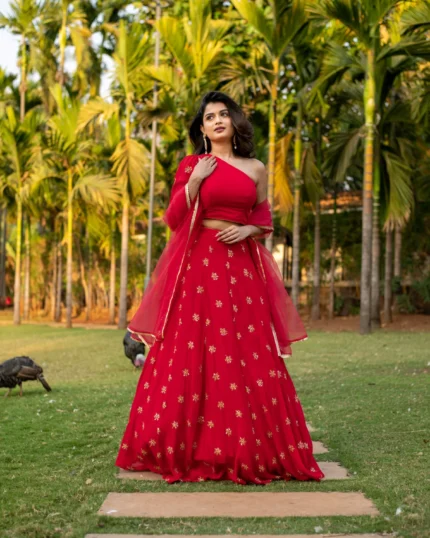 Red one shoulder Lehenga
