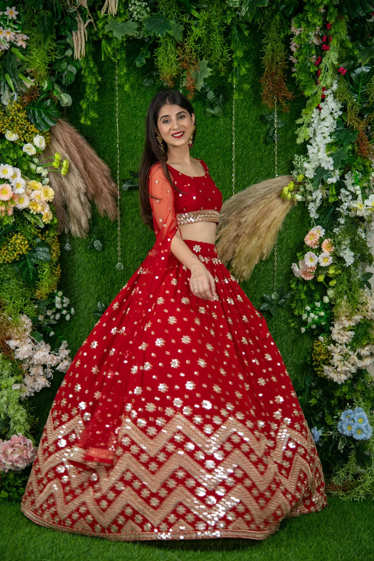 Red And Gold Lehenga Cape Sleeves - Image 8