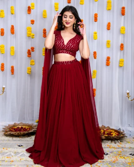 Maroon Cape Sleeves Lehenga Set