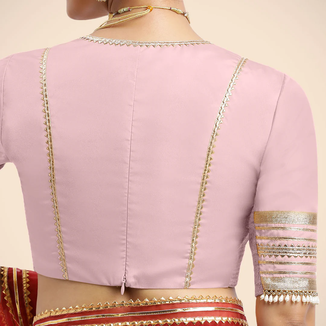 Elbow Sleeves Baby Pink FlexiFi Gota Embellished Saree Blouse with Plunging V-Neck - Image 8