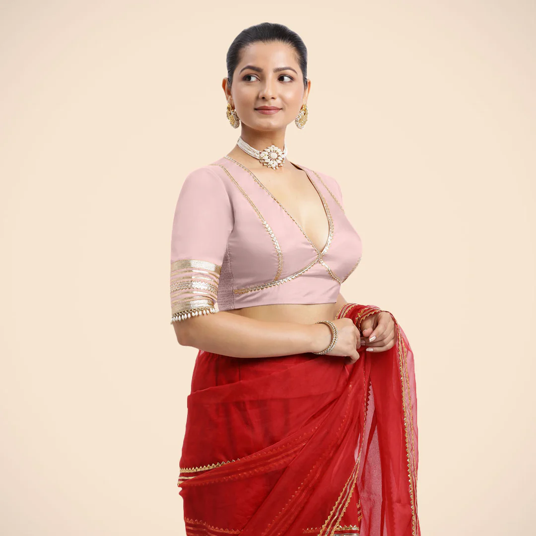 Elbow Sleeves Baby Pink FlexiFi Gota Embellished Saree Blouse with Plunging V-Neck - Image 2