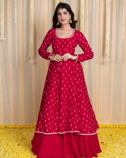 Red Anarkali Lehenga Set with Rubber Foil Detailing