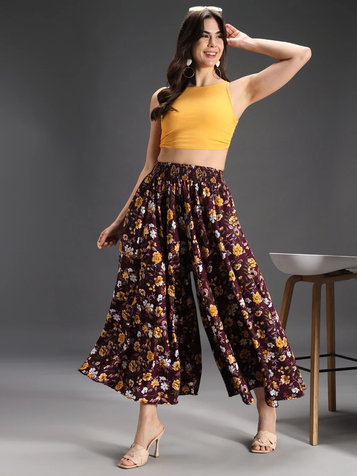 Women Flared Purple, Yellow, White Viscose Rayon Palazzos - Image 3