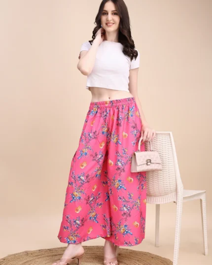 Women Flared Pink Viscose Rayon Palazzos