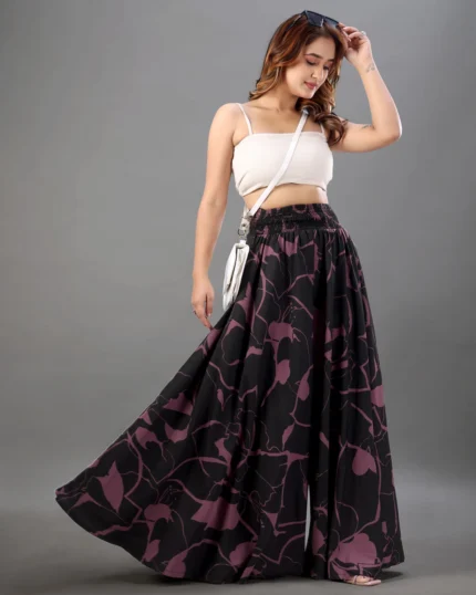 Women Flared Printed Black Viscose Rayon Palazzos