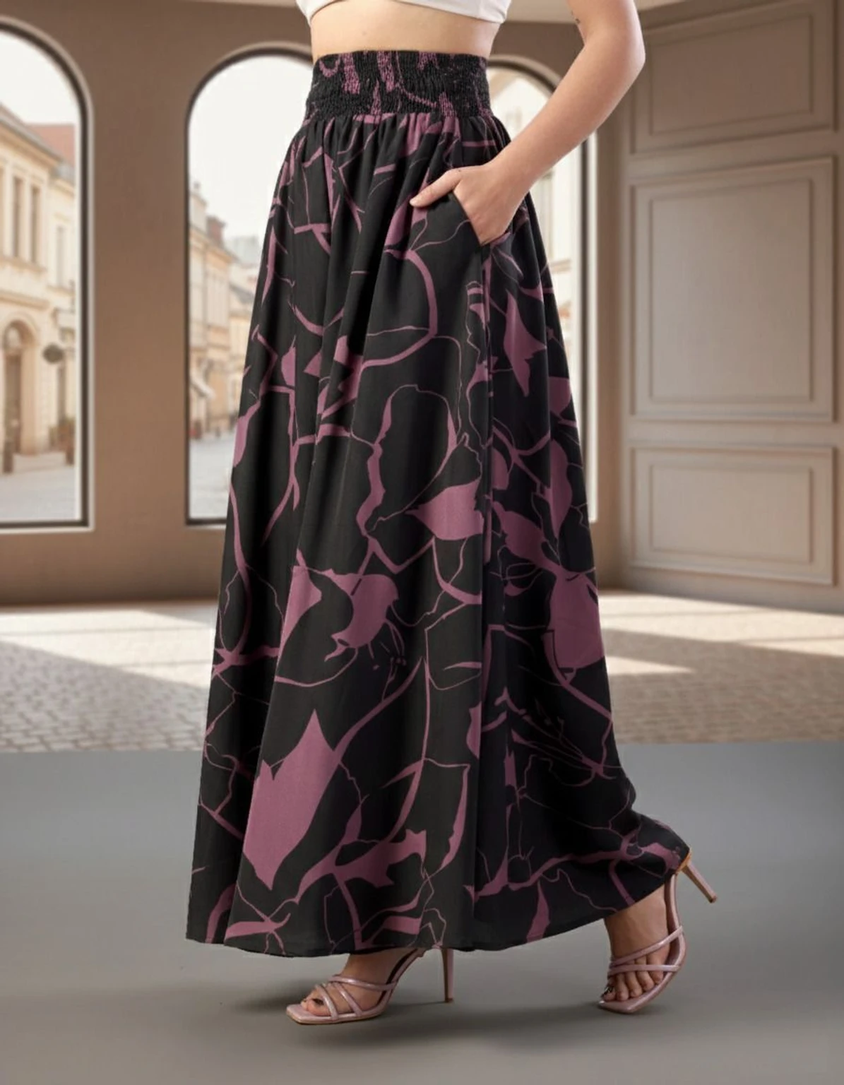 Women Flared Printed Black Viscose Rayon Palazzos - Image 2