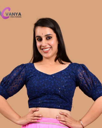 Chikankari embroidery Round-Neck Sleeves Cotton Saree Blouse - Non-Padded