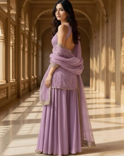 Lavender Organza Sequins Moti Hand Embroidered Palazzo Suit Festive Wear