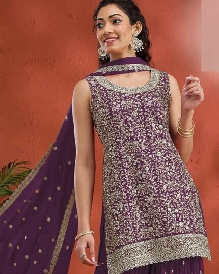Purple Georgette Embroidered Sequin Palazzo Set Festive Wear