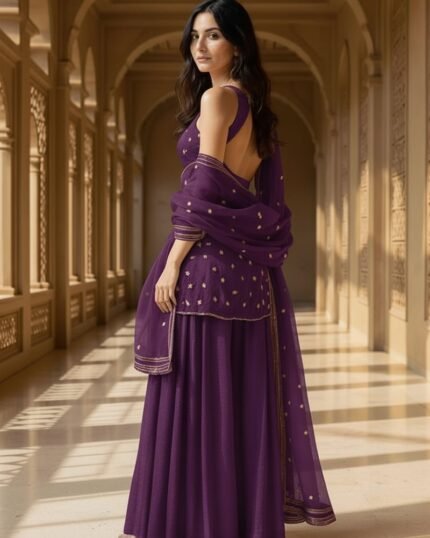 Purple Organza Sequins Moti Hand Embroidered Palazzo Suit Festive Wear