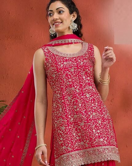 Red Georgette Embroidered Sequin Palazzo Set Festive Wear