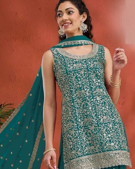 Teal Georgette Embroidered Sequin Palazzo Set Festive Wear