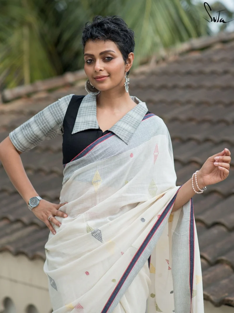 Black Cotton Elbow Sleeve Blouse With V Neck - Image 3