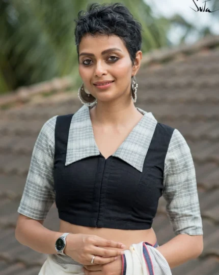 Black Cotton Elbow Sleeve Blouse With V Neck