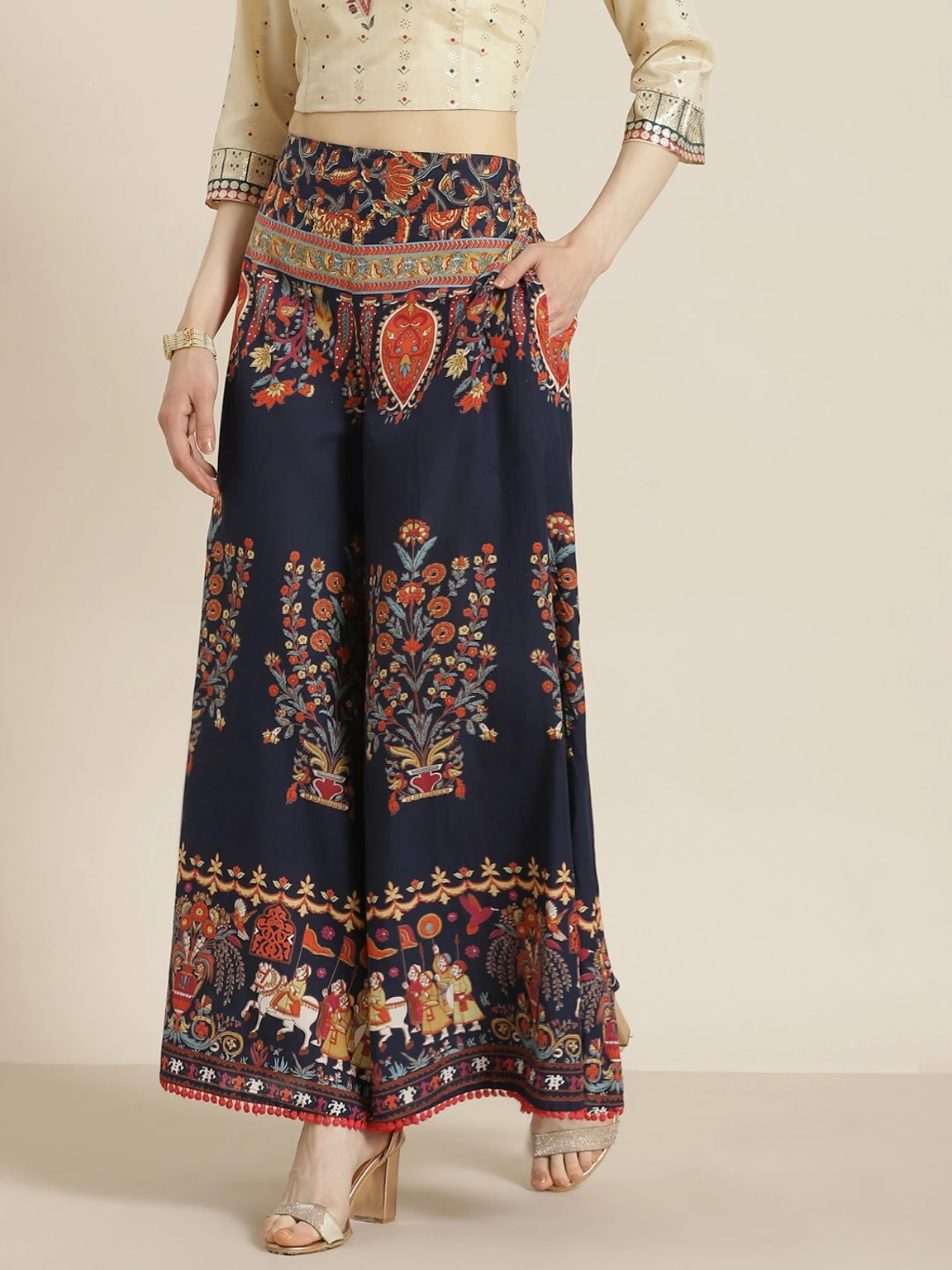 Women Flared Multicolor Pure Cotton Palazzos - Image 2