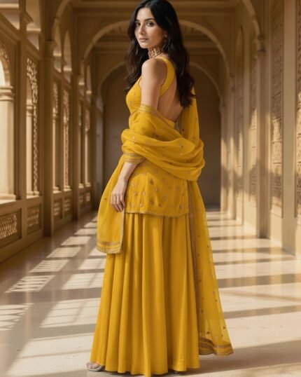 Yellow Organza Sequins Moti Hand Embroidered Palazzo Suit Festive Wear