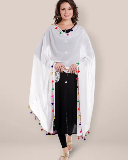 White Chiffon Dupatta with Multicolored Pompom Balls