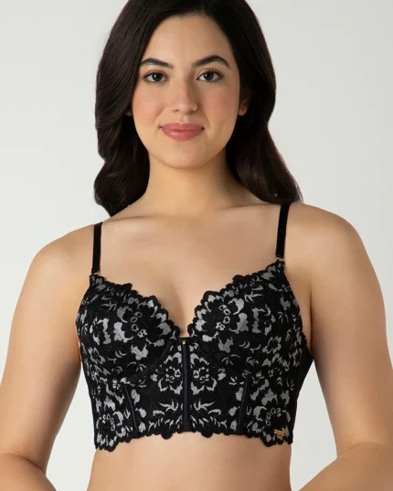 BLACK Femme Lace Padded Non-Wired Longline Bra