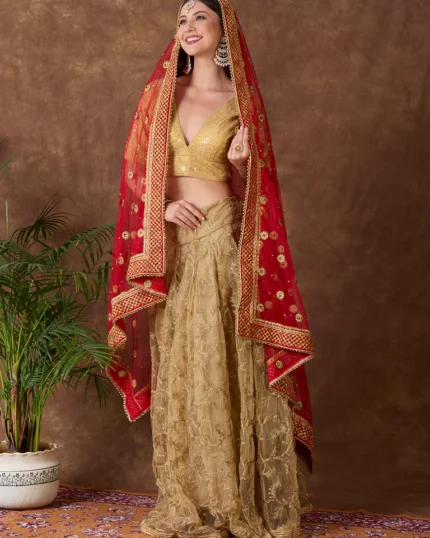 Embroidered Red Bridal & Wedding Wear Net Dupatta