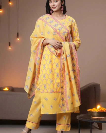 Yellow Floral Printed Cotton Dupatta