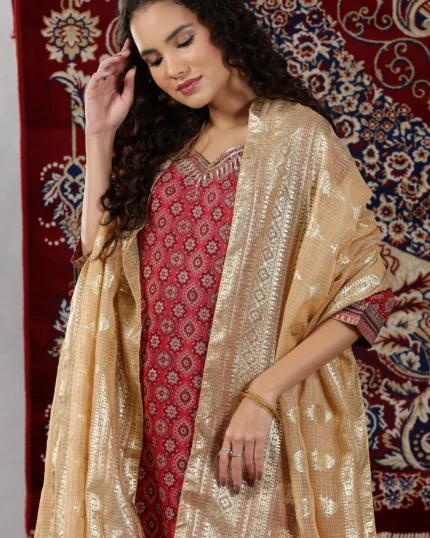 Gold Kota Doria Dupatta with Floral Motifs
