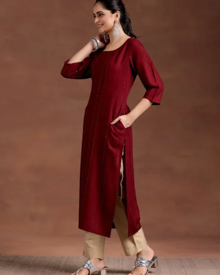 Red Woven Design Rayon Straight Kurta