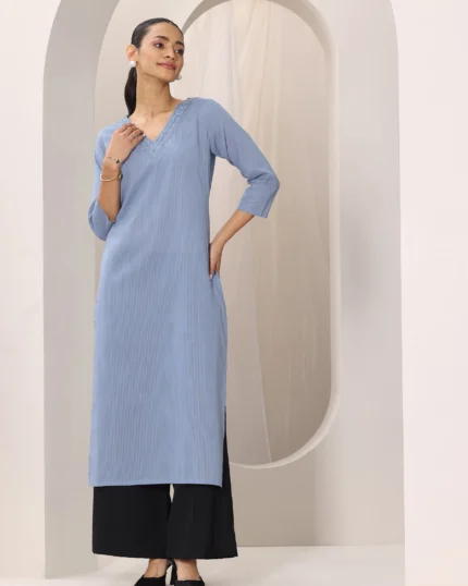 Blue Printed Cotton Straight Kurta