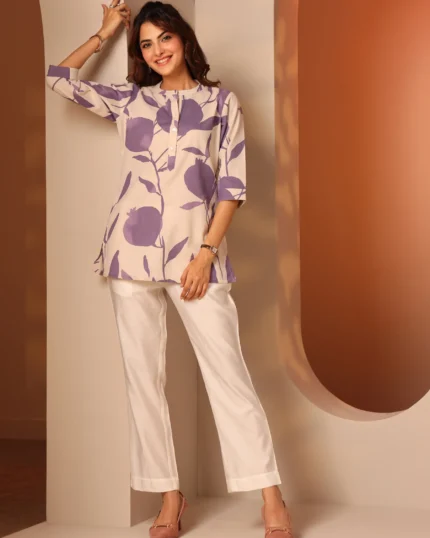 Off White Printed Cotton Straight Short Kurti