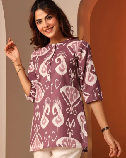 Rust Printed Cotton Straight Short Kurti