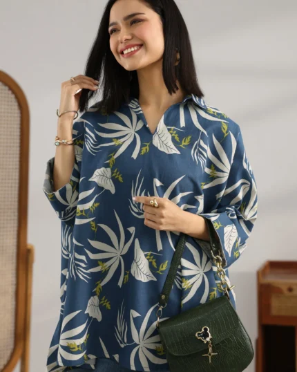Blue Printed Cotton Straight Short Kurti