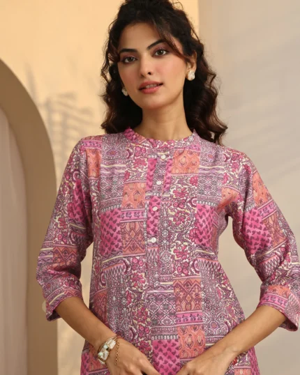 Peach Block Print Silk Blend Straight Short Kurti