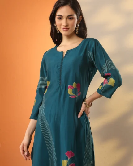 Blue Printed Silk Blend Straight Kurta
