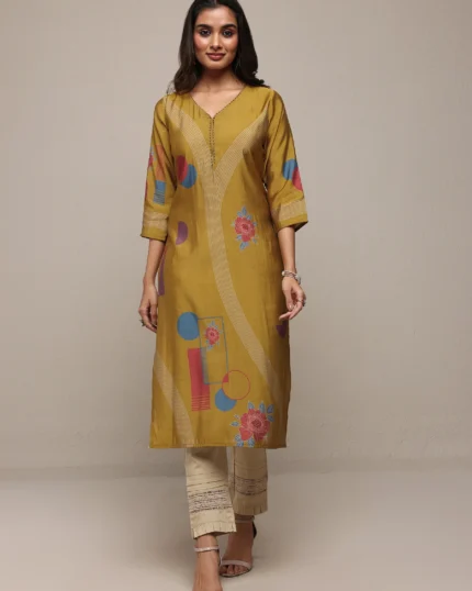 Mustard Floral Printed Silk Blend Straight Kurta