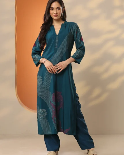 Blue Printed Silk Blend Straight Kurta
