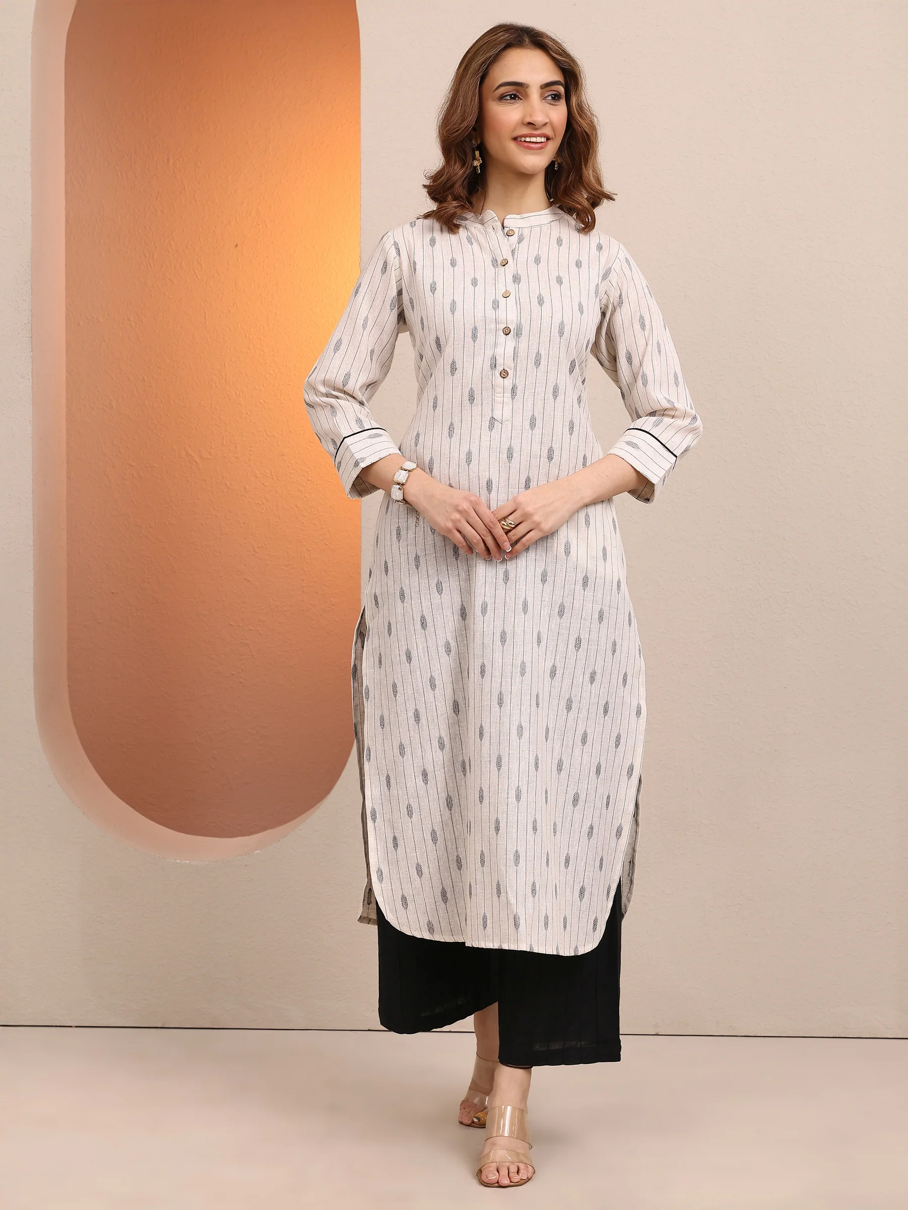Off White Printed Cotton Blend Straight Kurta