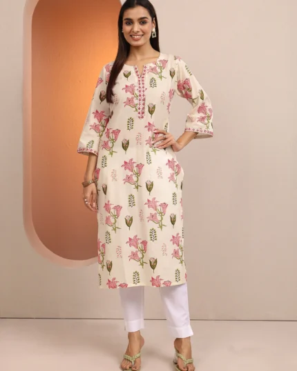 Off White Printed Cotton Straight Kurta