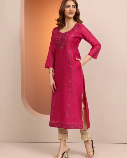 Pink Embroidered Chanderi Silk Straight Kurta