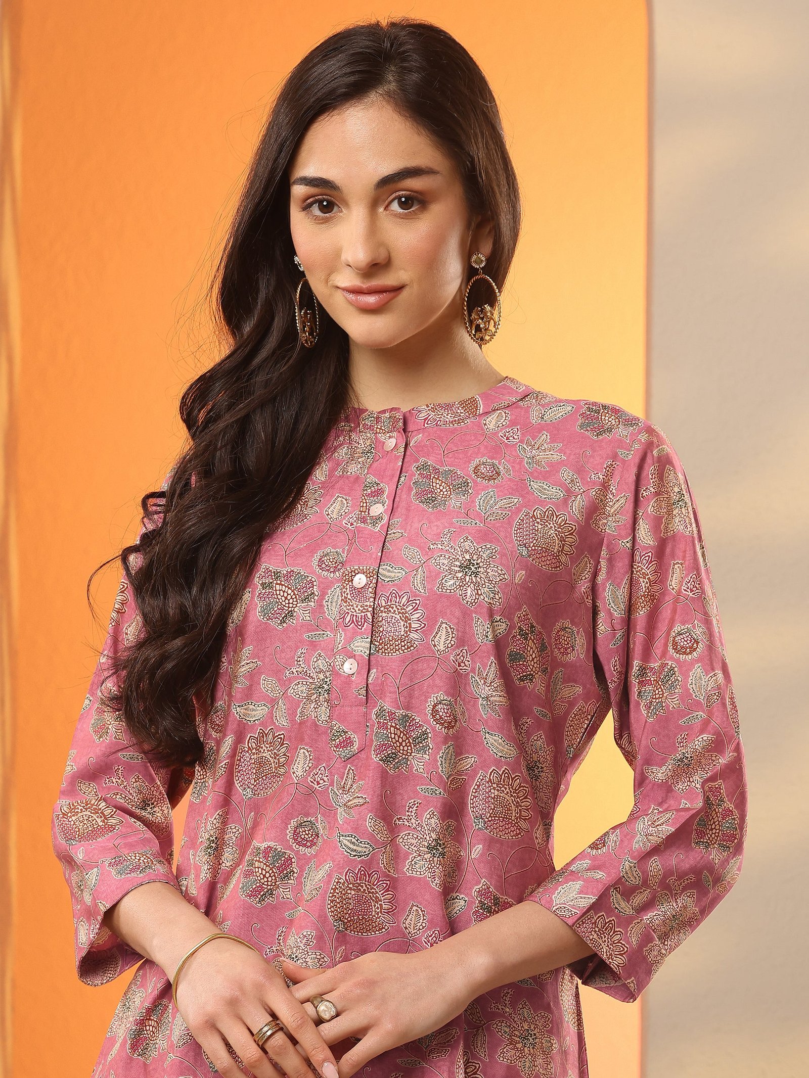 Pink Printed Silk Blend Straight Short Kurti - Image 4