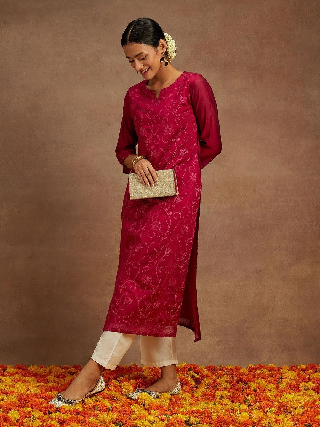 Hot Pink Embroidered Chanderi Silk Straight Kurta - Image 2