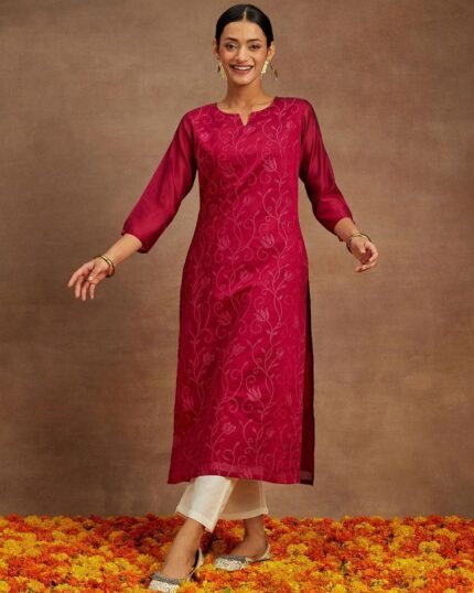 Hot Pink Embroidered Chanderi Silk Straight Kurta