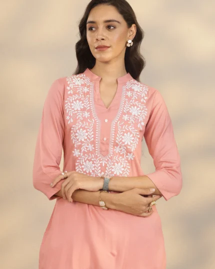 Peach Yoke Design Rayon Straight Short Kurti