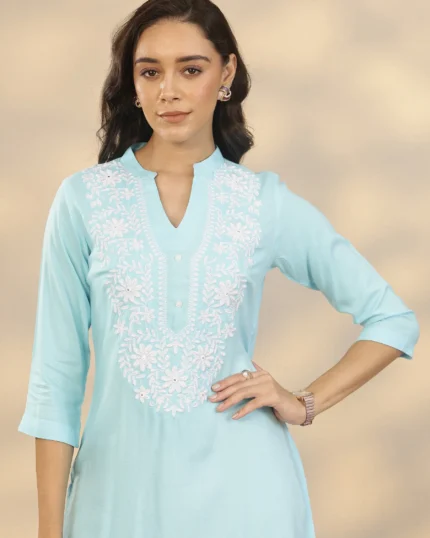 Blue Yoke Design Rayon Straight Short Kurti