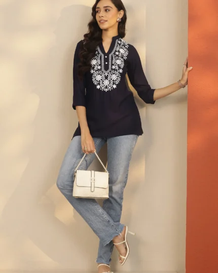 Navy Blue Yoke Design Rayon Straight Short Kurti
