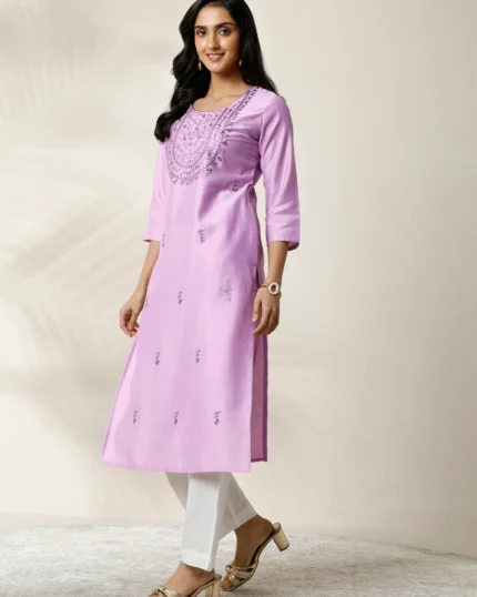 Lavender Embroidered Silk Blend Straight Kurta